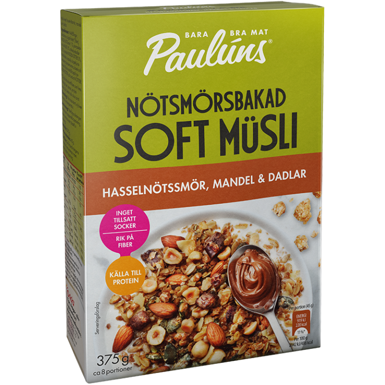 Pauluns nötsmörsbakad soft müsli med hasselnötssmör, mandel och dadlar