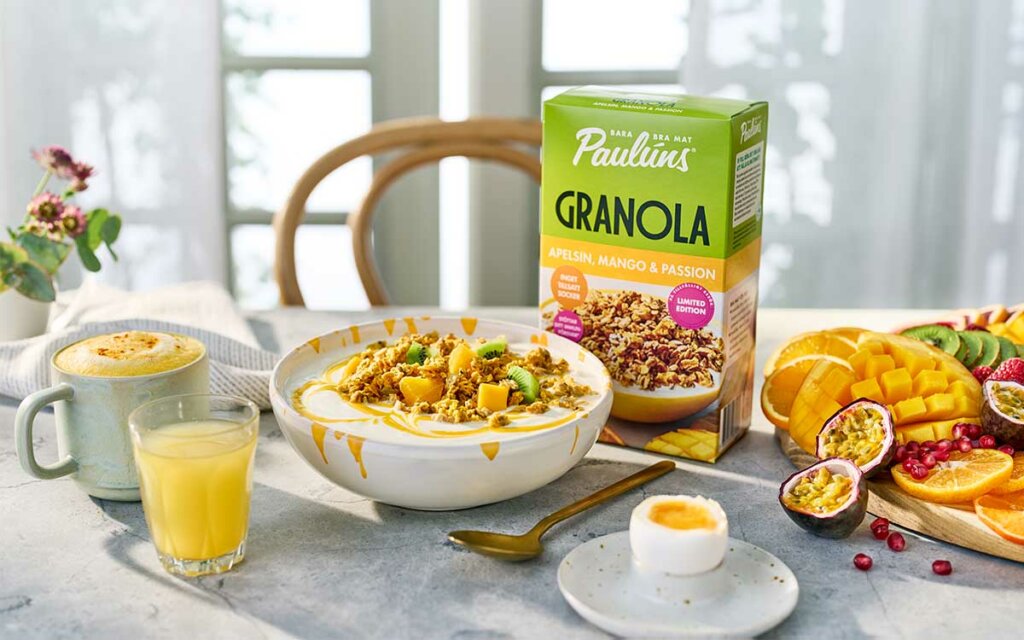 pauluns Granola Apelsin, Mango & Passion Frukostbord