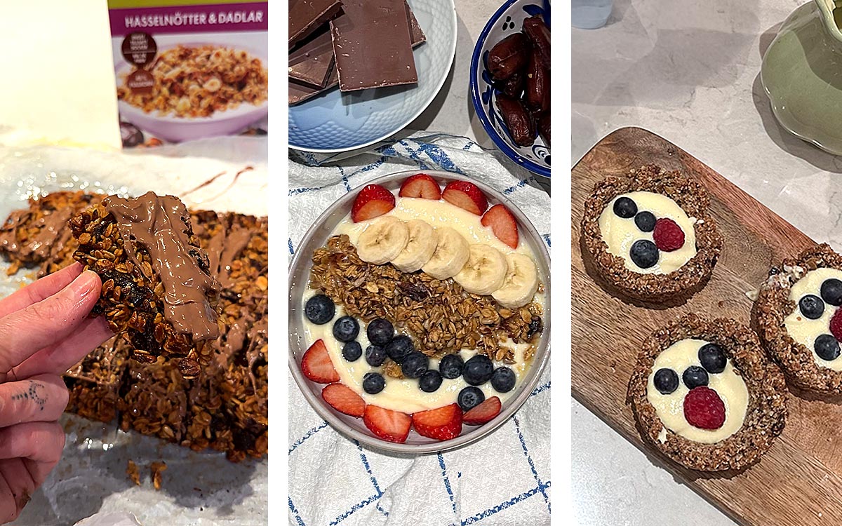 Granolabars, granola bowl med mango och granola cupcakes med färska bär.